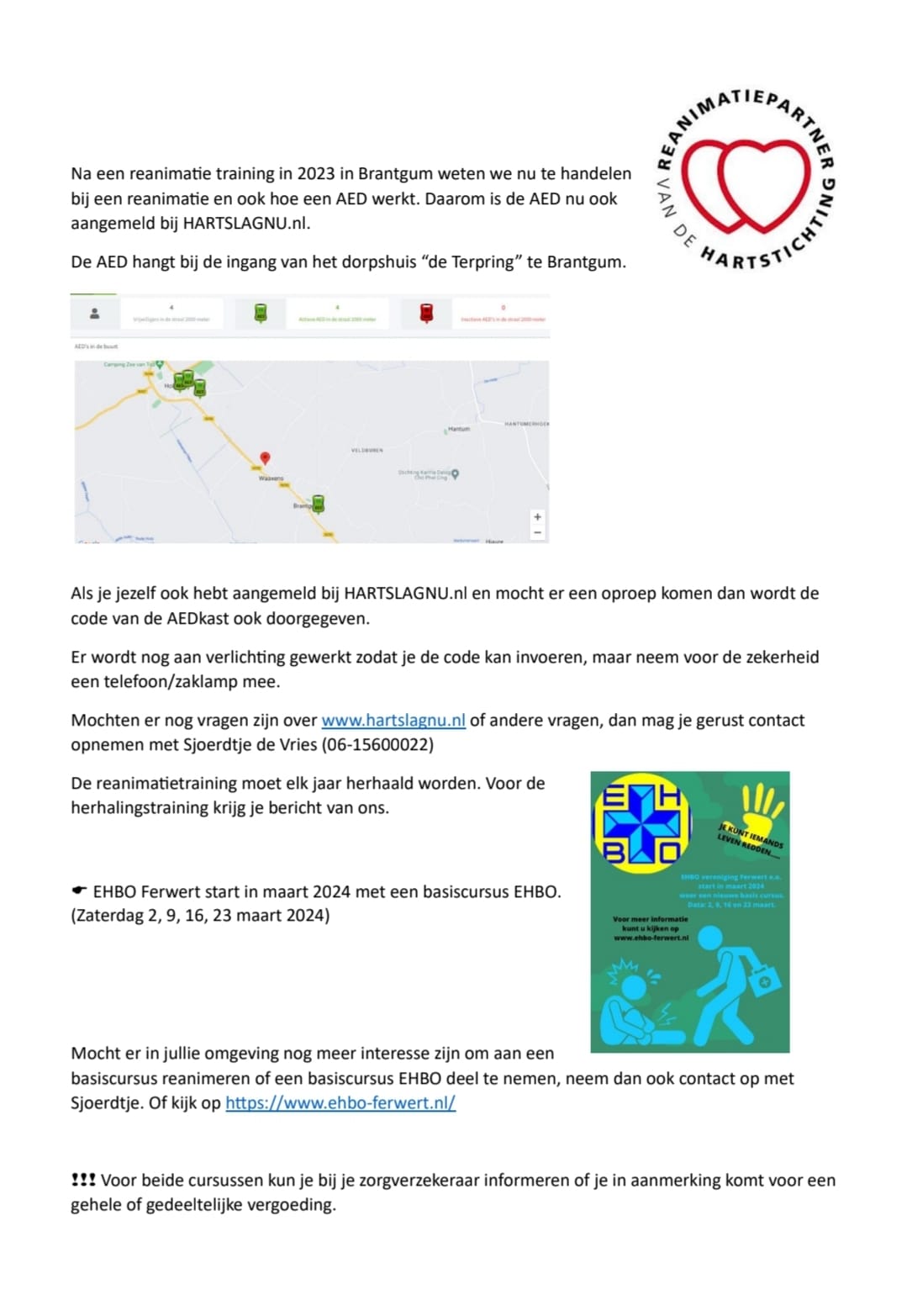 Update over AED/ehbo training Brantgum van Sjoerdtje